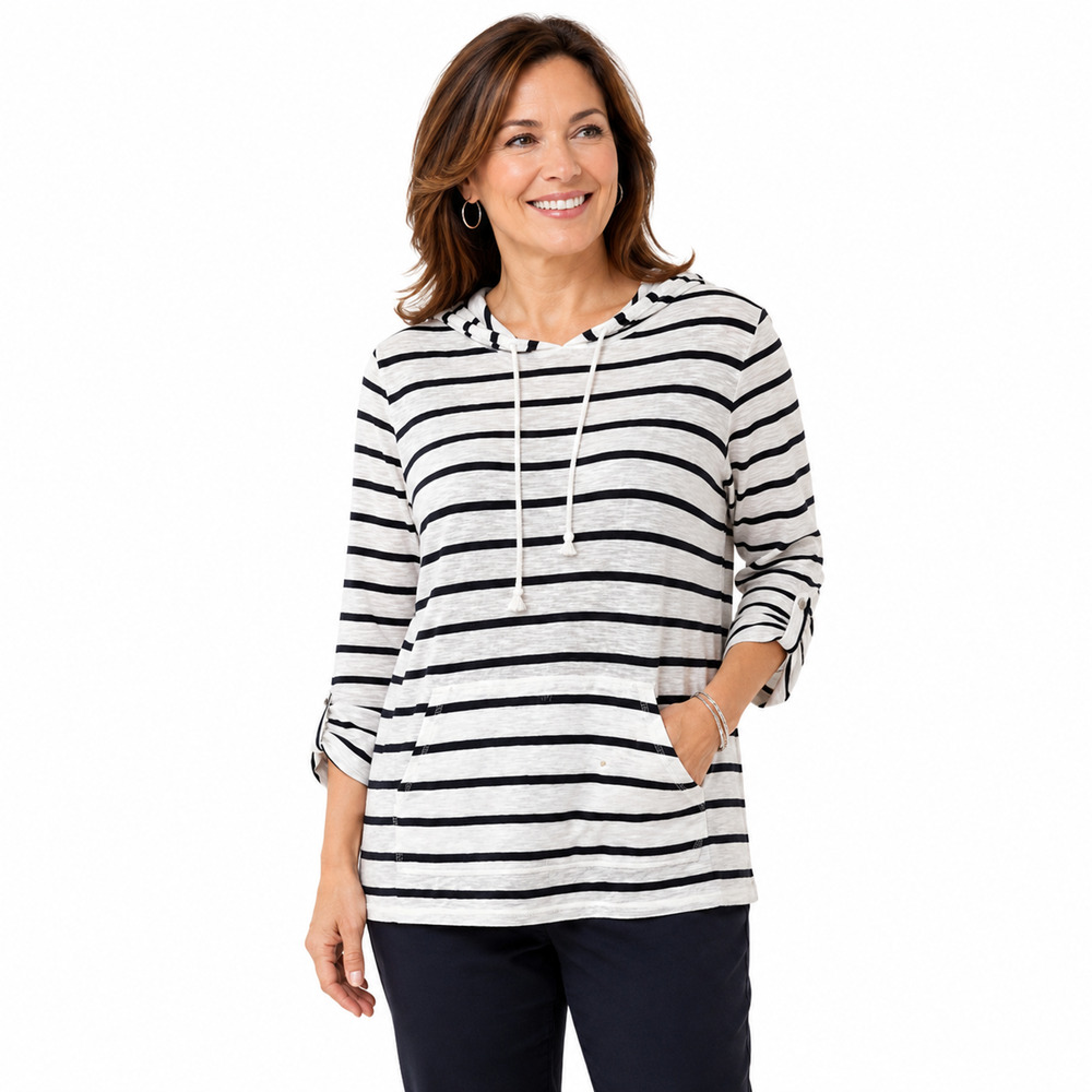 J Jill Cotton Blend Lightweight Hoodie Navy White Nautical Beachy Top Shirt sz M